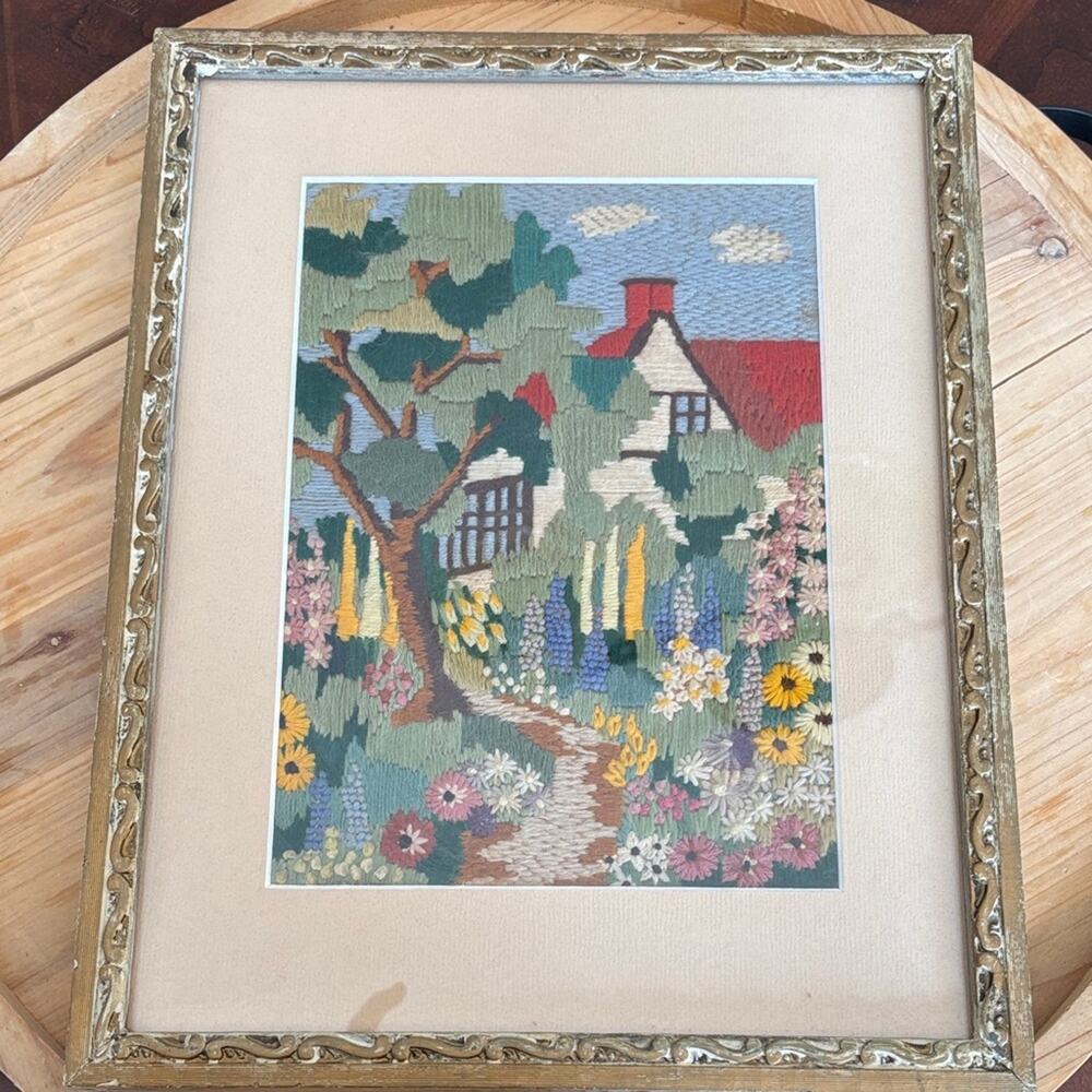 Vintage Crewel Embroidered Floral Cottage Scene Ornate Gold Distressed Frame